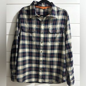 Basin Range Mens Flannel Plaid Shirt Long Sleeve Button Up Size L Navy Tan